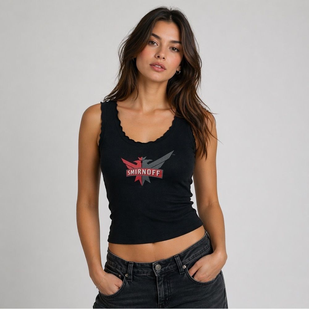 Tangerine Smirnoff Logo Solid Black Graphic Ribbed Tank Top Cotton Spandex M